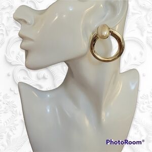 Vtg Estate Large Silvertone Pearl Door Knocker Earrings